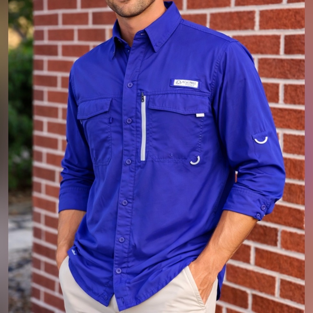 -Realtree Fishing Shirt Navy Button Down Lightweight L/S Vented Men's Size XL